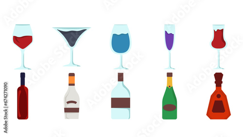 Set of wine drinks illustration. Wine bottle and cocktail drink glass. Vector Illustration.