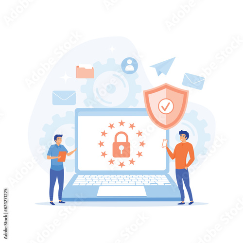  GDPR and privacy politics. People protecting business data and legal information, flat vector modern illustration 