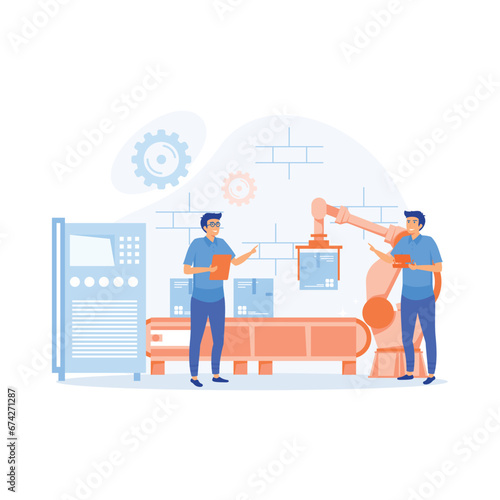 Smart industry. Engineer working with interactive interface. innovative manufacturing, flat vector modern illustration 