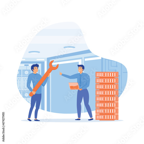 Data center. Service engineers administrators set up data centers, flat vector modern illustration 