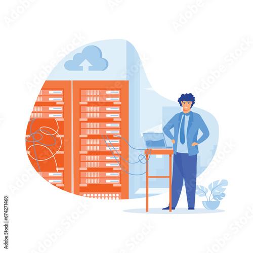 Data center. Technician works in server room racks. Cloud storage technology, database, flat vector modern illustration 