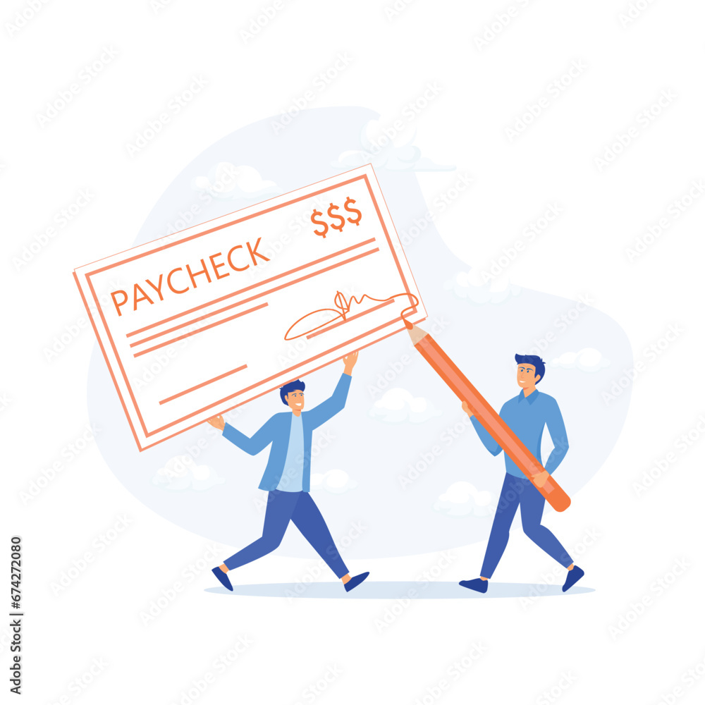 Paycheck. Man with Ink Pen for Signing, flat vector modern illustration Paycheck. Man with Ink Pen for Signing, flat vector modern illustration