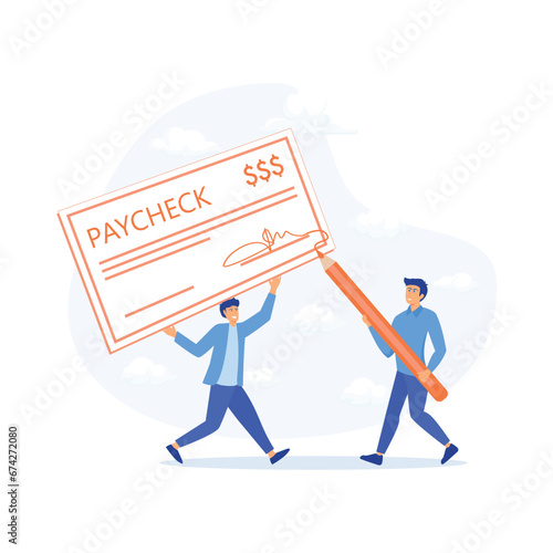 Paycheck.  Man with Ink Pen for Signing, flat vector modern illustration 