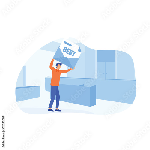 Debt burden. Man in suit, businessman bears a debt on his back, flat vector modern illustration 