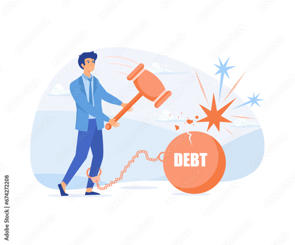 Breaking debt. Businessman trying to destroy iron ball with debt word that chained his feet with hammer, flat vector modern illustration Breaking debt. Businessman trying to destroy iron ball with debt word that chained his feet with hammer, flat vector modern illustration