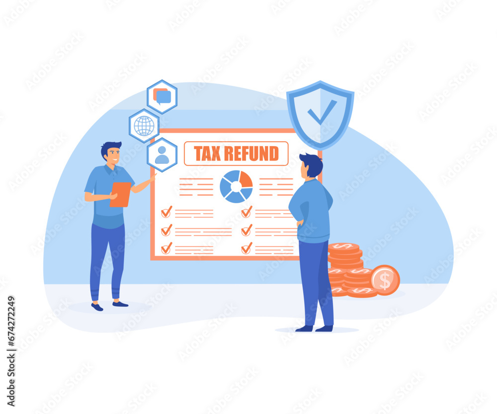 Tax refund. Tax declaration approved. Idea of accounting and payment, flat vector modern illustration Tax refund. Tax declaration approved. Idea of accounting and payment, flat vector modern illustration