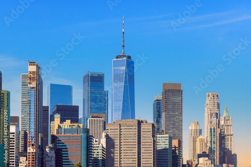 Beautiful panoramic view Lower Manhattan skyline taken on sunny day provides cityscape New York