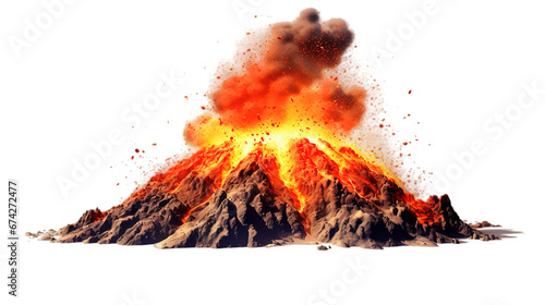 Valcano with lava flow isolated on transparent background, Generative ai. photo