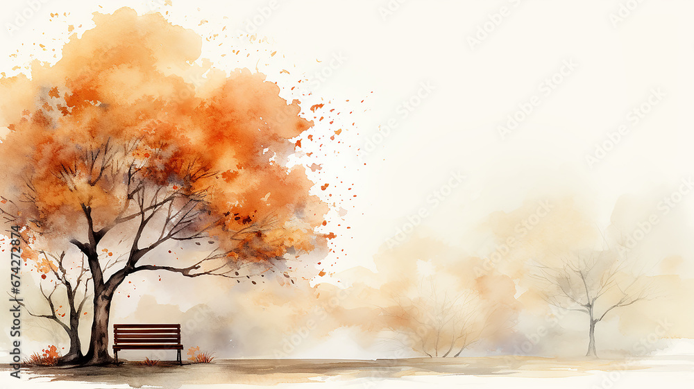 white autumn background bench and lonely yellow tree blank card greeting card flat simple graphics drawing - obrazy, fototapety, plakaty 