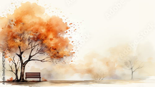 Obraz na płótnie white autumn background bench and lonely yellow tree blank card greeting card fl
