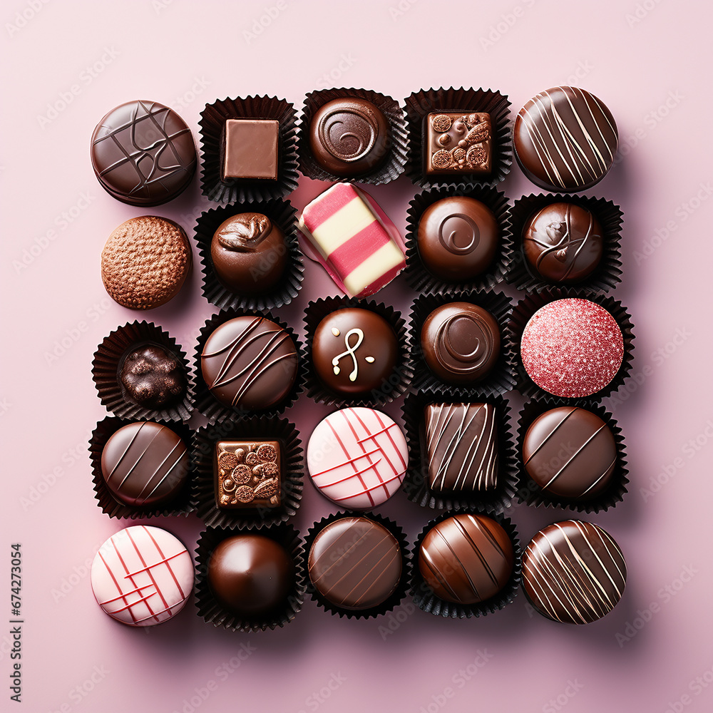 Delicious sweet chocolate treats on a pink background. Delicious sweet chocolate treats on a pink background.