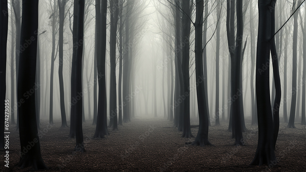 landscape mystical white fog in the autumn depressive forest, sadness loneliness mood - obrazy, fototapety, plakaty 