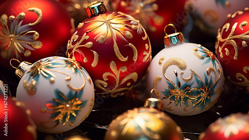 Close-up of Decorated Christmas Ornaments and Twinkling Lights
