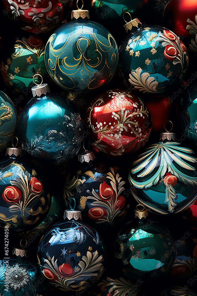 Close-up of Decorated Christmas Ornaments and Twinkling Lights. Vertical. Wallpaper