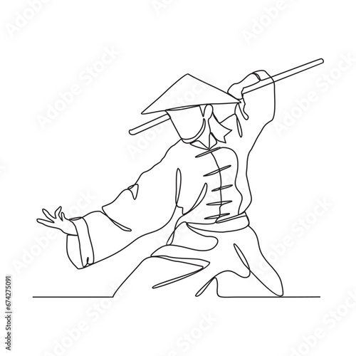 One continuous line drawing of a kungfu master vector illustration. A kungfu master illustration simple linear style concept vector. Chinese kungfu master design vector for your business promotion.