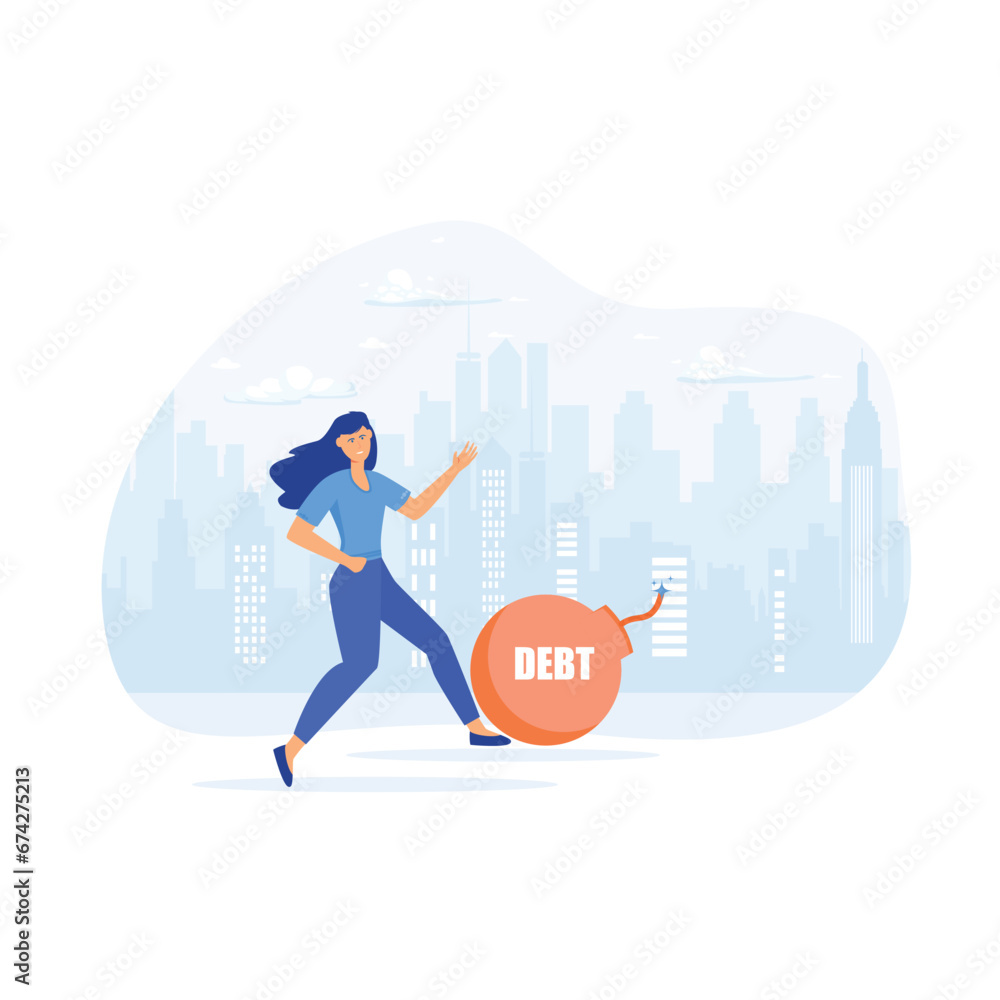 Debt Free. Businesswoman kicking debt bomb ball away like as soccer ball, flat vector modern illustration Debt Free. Businesswoman kicking debt bomb ball away like as soccer ball, flat vector modern illustration