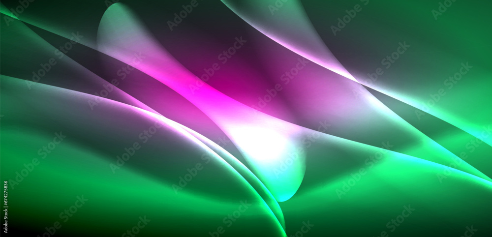 Dynamic waves in ethereal glow of neon lights. Concept merges fluidity of motion with vibrant allure of neon, crafting entrancing backdrop that embodies both vitality and futuristic sophistication