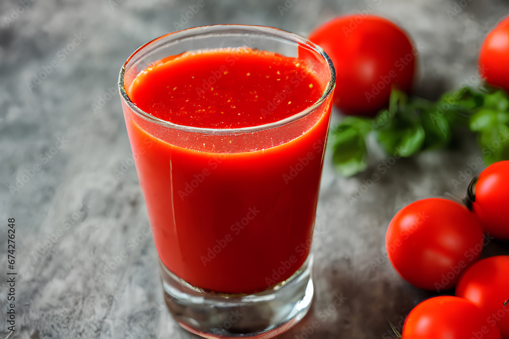 A refreshing image of a crystal-clear glass filled with tomato juice, condensation forming on the exterior, presenting the deep, rich red color in a visually appealing manner A refreshing image of a crystal-clear glass filled with tomato juice, condensation forming on the exterior, presenting the deep, rich red color in a visually appealing manner