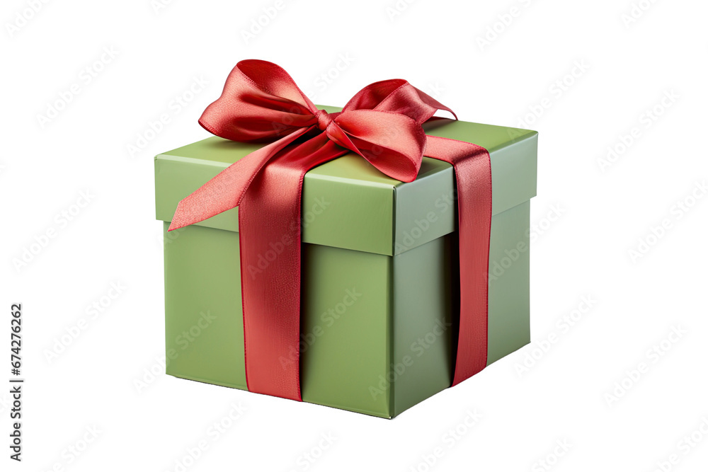 A green Christmas gift box with red ribbon on white background A green Christmas gift box with red ribbon on white background