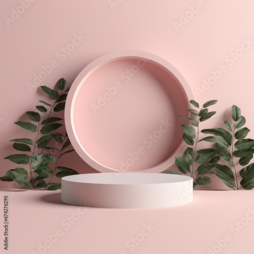 Abstract pink room with realistic white cylinder pedestal podium set and palm leaf