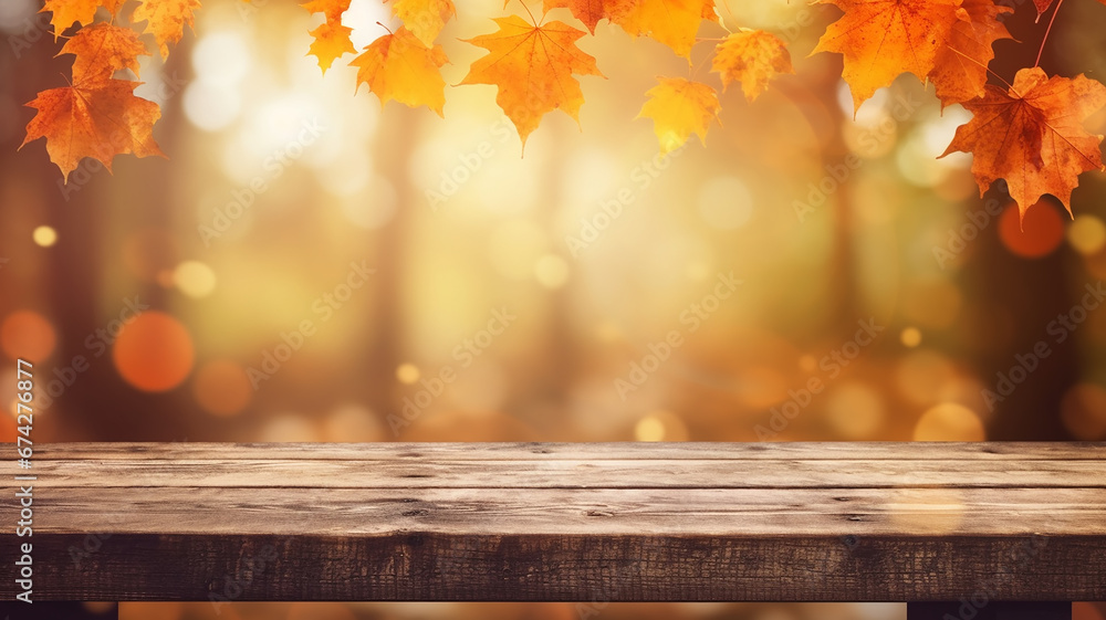 autumn podium table top against the background of a blurred autumn park in yellow tones and leaves. autumn podium table top against the background of a blurred autumn park in yellow tones and leaves.