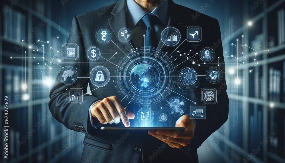 Businessman with tablet generating holographic images of economic symbols, globe and financial charts. Businessman with tablet generating holographic images of economic symbols, globe and financial charts.