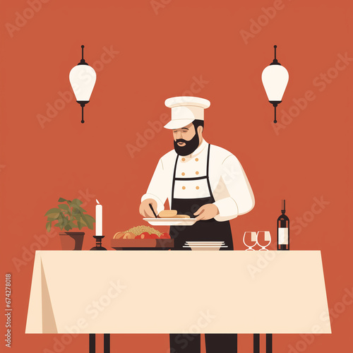 A basic illustration of a chef in a restaurant. Flat clean illustration style