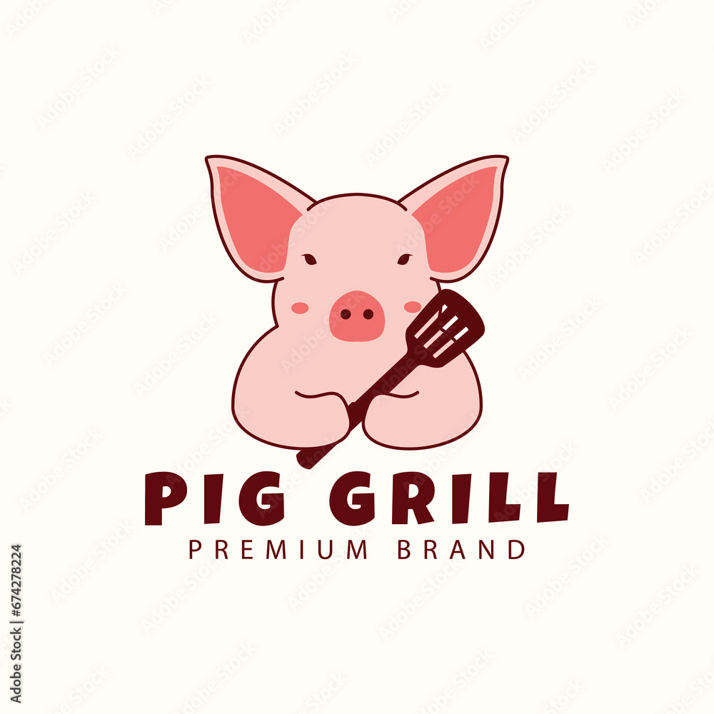 Obraz premium cute pig cartoon logo with spatula barbecue cooking vector icon symbol illustration design animals