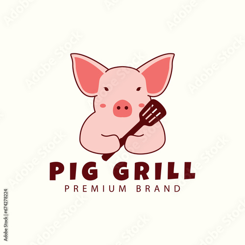 cute pig cartoon logo with spatula  barbecue  cooking  vector icon symbol illustration design animals © Reza28 studios.