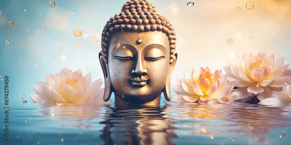 glowing golden buddha on water with pastel pink lotus flowers