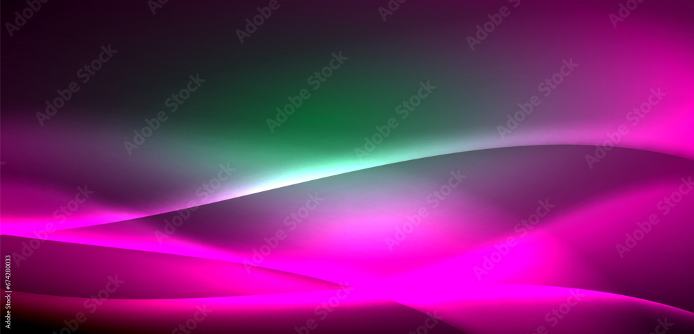 Dynamic waves in ethereal glow of neon lights. Concept merges fluidity of motion with vibrant allure of neon, crafting entrancing backdrop that embodies both vitality and futuristic sophistication Dynamic waves in ethereal glow of neon lights. Concept merges fluidity of motion with vibrant allure of neon, crafting entrancing backdrop that embodies both vitality and futuristic sophistication