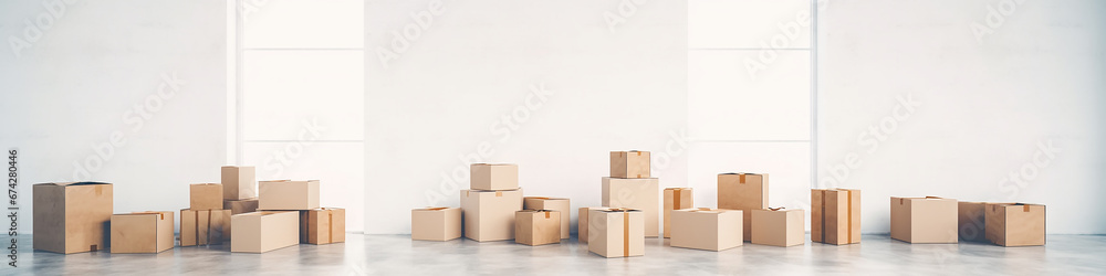 cardboard boxes isolated on a long narrow white background panorama row. cardboard boxes isolated on a long narrow white background panorama row.