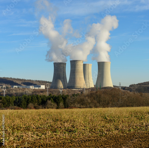 Cooling towers of nuclear power plant. High voltage power lines. Electricity distribution. Mochovce. Slovakia. © Stefan