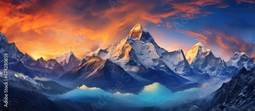 The view of Mount Everest from Gokyo Ri is a sight of a beautiful mountainous valley adorned with wispy clouds during the sunset The majestic snow covered peak of Everest ascends above a flo