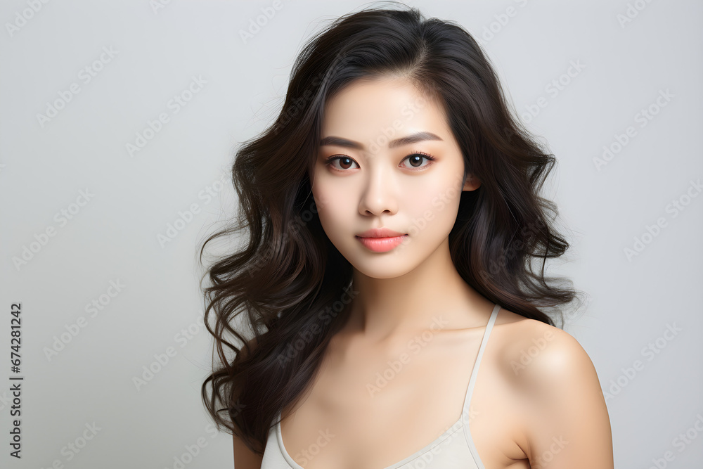 Naklejka premium A beautiful Asian woman with smooth skin is posing for a portrait, looking directly at the camera, The photo is taken against a white background in a studio with proper lighting,