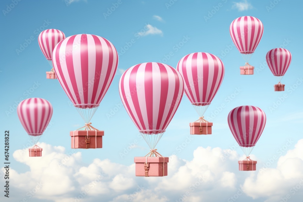 Fototapeta premium its a boyHappy birthday concept with 3d heart shaped air balloons and gift boxes on pink background