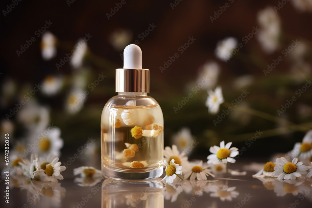 Composition with chamomile flowers and a cosmetic bottle. natural chamomile oil cosmetic in glass jar