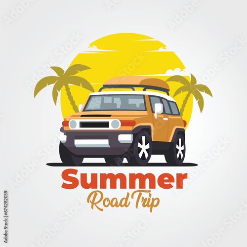 Summer Road Trip in Beach Sunset Vibes Vector Art. Flat Design. Best for Tshirt Design