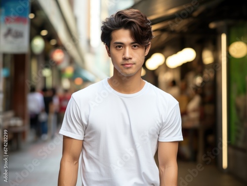t-shirt mockup of a stylish man in a sidewalk background © Hey