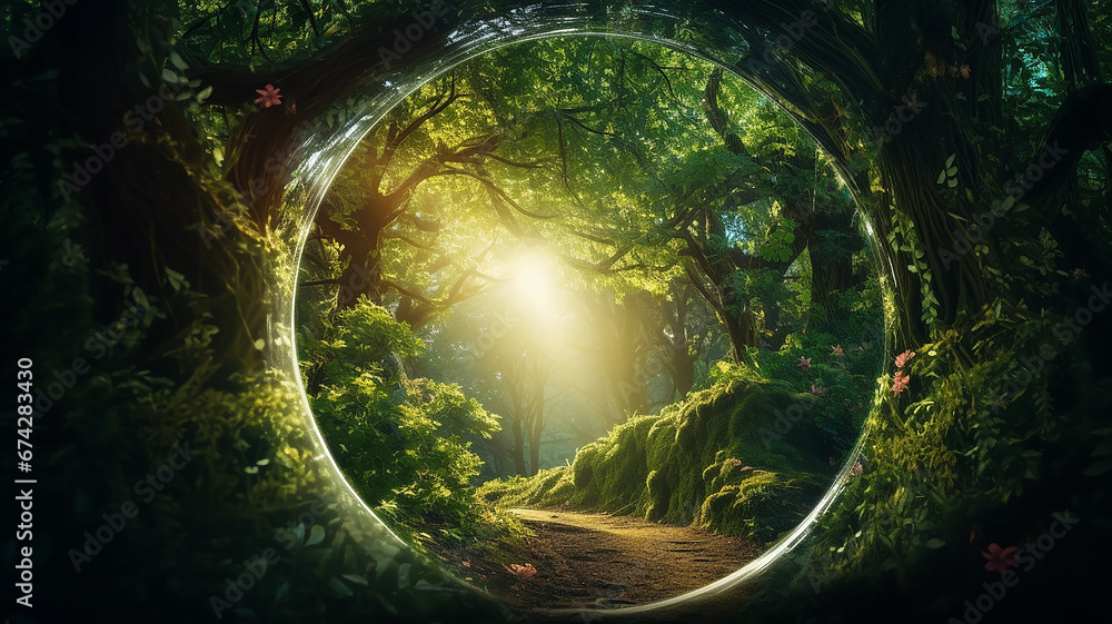 round tunnel frame arch entrance in green trees eco forest nature postcard copy space. - obrazy, fototapety, plakaty 