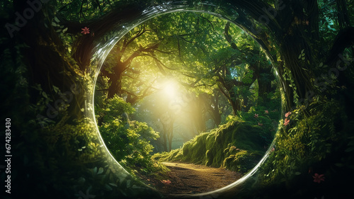 round tunnel frame arch entrance in green trees eco forest nature postcard copy space. photo