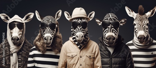 Clothed creatures Humans donning animal heads Visual representation altering images for book cover promotions apparel prints and more Zebra deer moose feline and goat photo