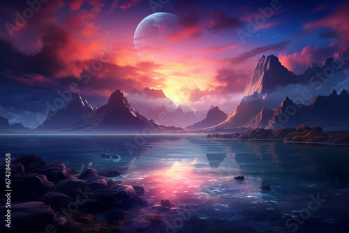  Dream World Landscape, Moon in Night Sky