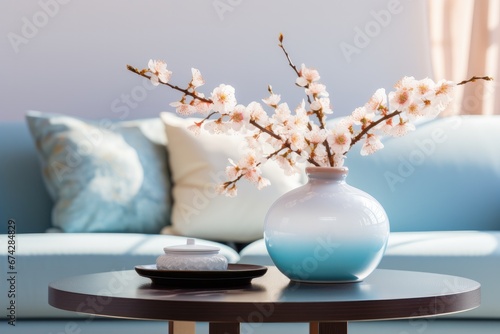 Close-up of delicate cherry blossoms in vase, with decorative items on coffee table. Fresh floral decoration.