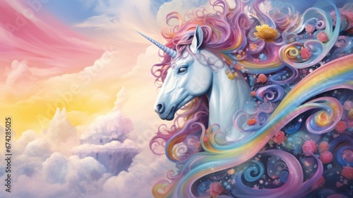 A fantasy painting of a unicorn with a rainbow mane. Generative AI.