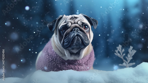 pug winter greeting card.