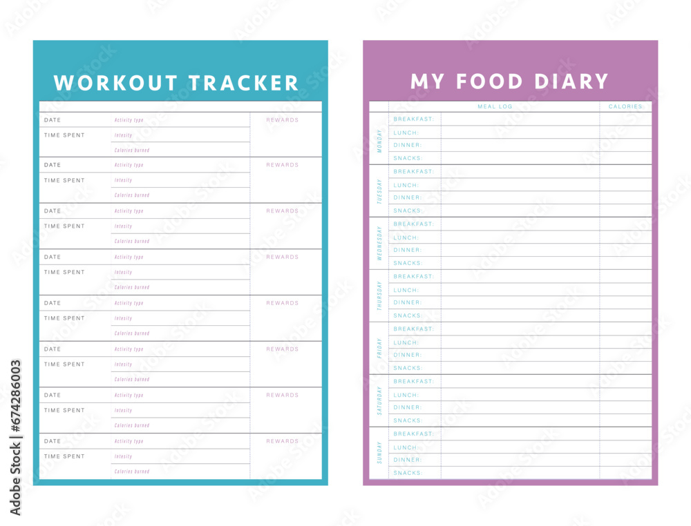 Workout tracker and my food diary planner. Minimalist planner template set. Vector illustration. Workout tracker and my food diary planner. Minimalist planner template set. Vector illustration.