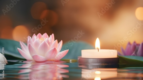 water lily with small burning candle at calming water, lotus spa and meditation zen relaxation concept