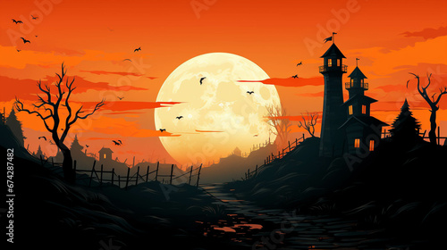 Cinematic Halloween Landscape with Haunted Mansion and Orange Sky