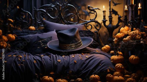Cinematic Halloween Landscape with Haunted Mansion and Orange Sky